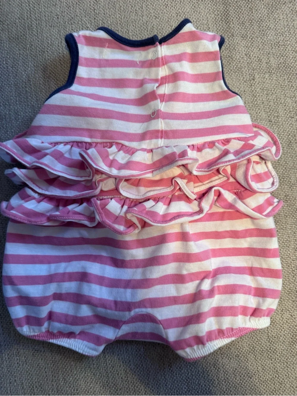 Ralph Lauren Pink & White Striped Ruffle Baby Romper with Navy Trim 3 Months